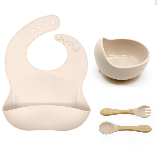 Silicone Suction bowl and bib with spoon and fork - Beige