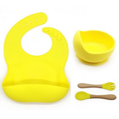 Silicone Suction bowl and bib with spoon and fork - Bright Yellow