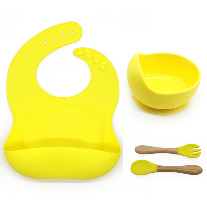 Silicone Suction bowl and bib with spoon and fork - Bright Yellow