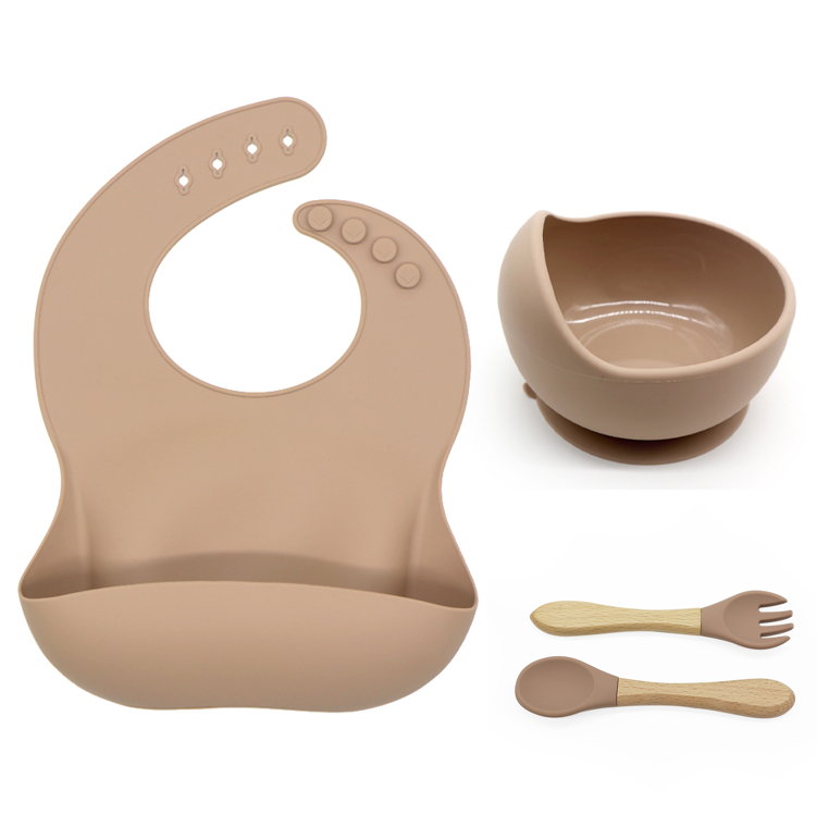 Silicone Suction bowl and bib with spoon and fork - Brown