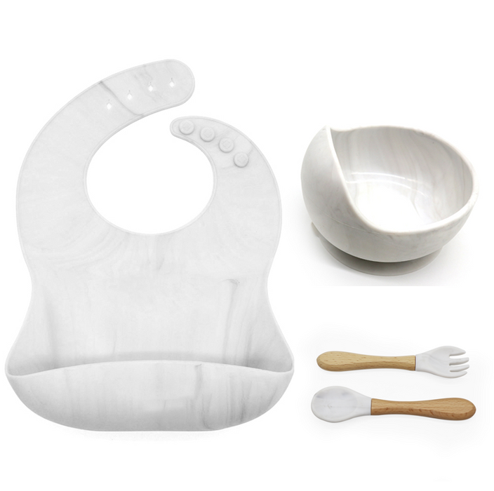 Silicone Suction bowl and bib with spoon and fork - Marble