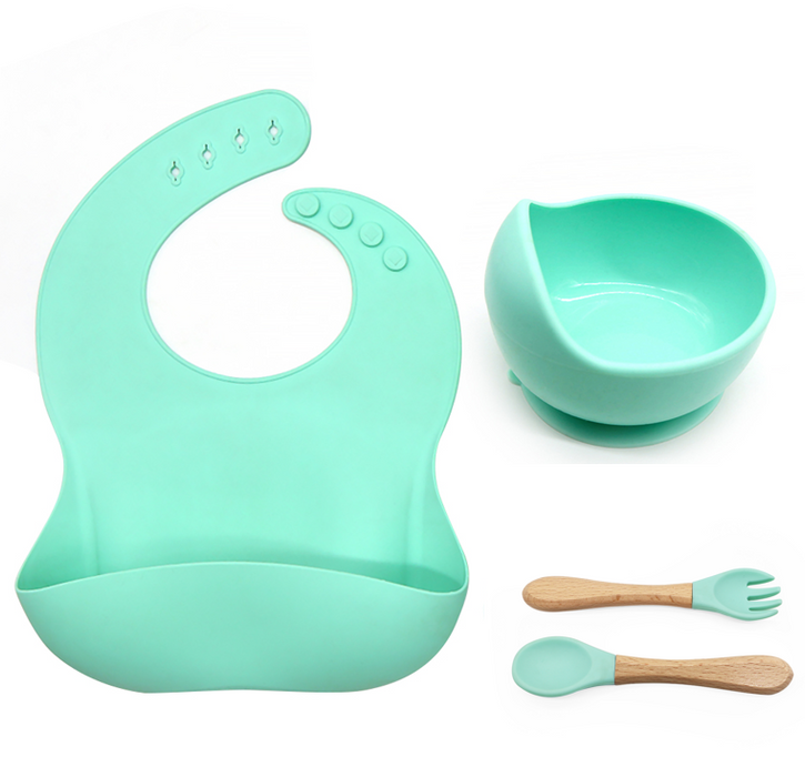 Silicone Suction bowl and bib with spoon and fork - Mint Green