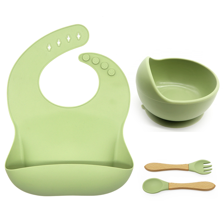 Silicone Suction bowl and bib with spoon and fork - Olive