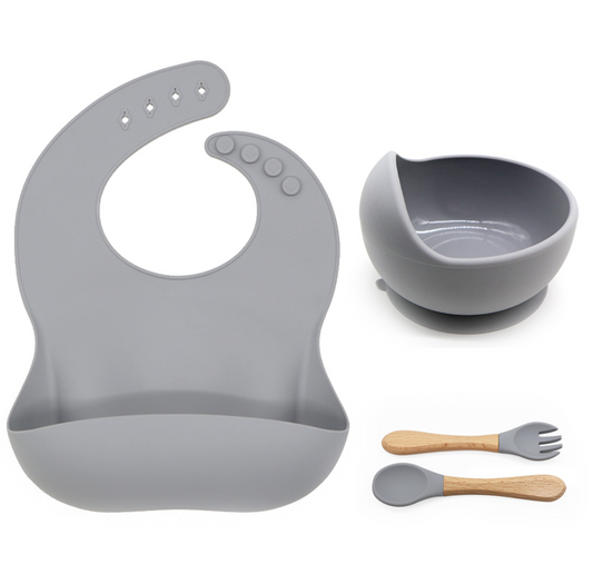 Silicone Suction bowl and bib with spoon and fork - Grey