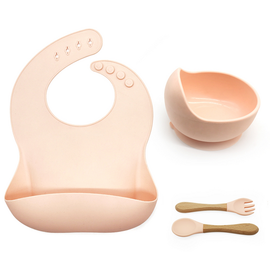 Silicone Suction bowl and bib with spoon and fork - Peach