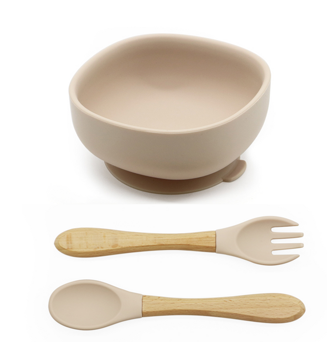 Silicone Suction Bowl with Spoon & Fork - Beige