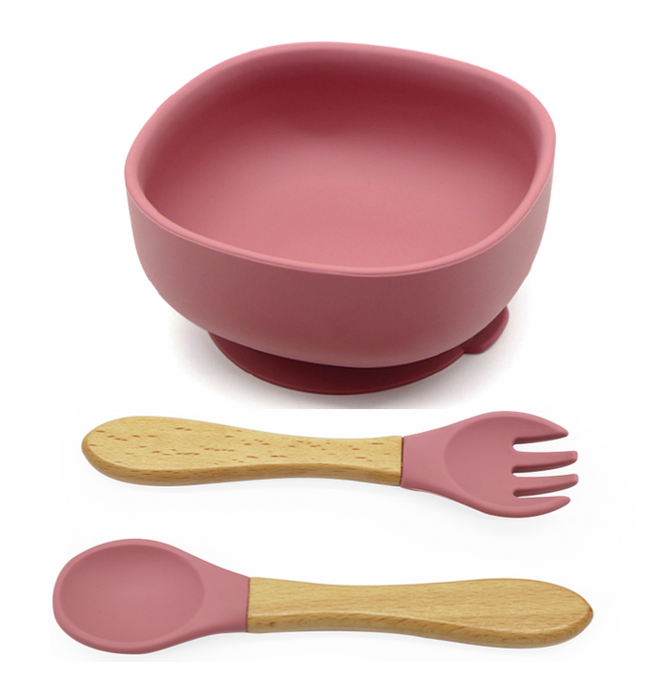 Silicone Suction Bowl with Spoon & Fork - Dark Pink