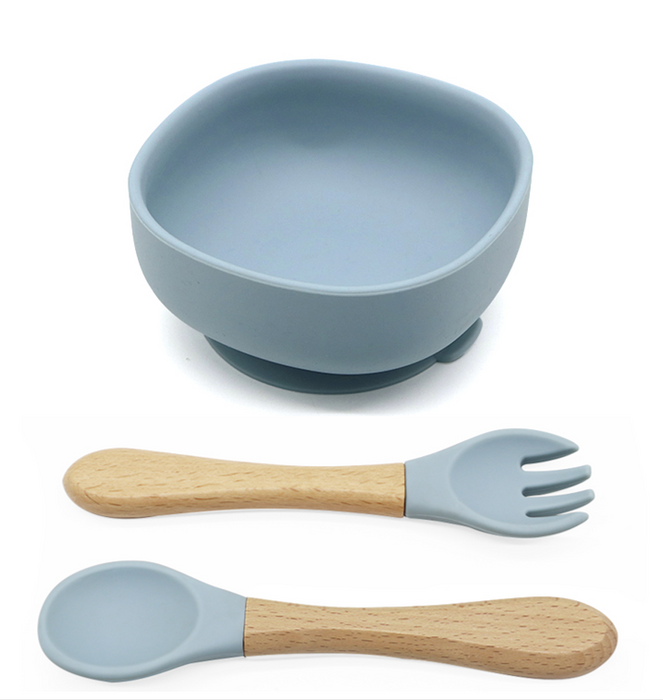 Silicone Suction Bowl with Spoon & Fork - Dusty Blue