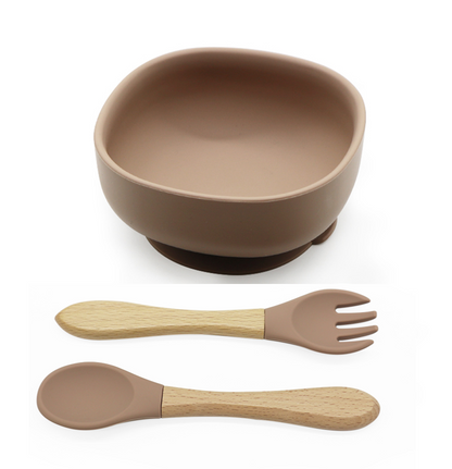 Silicone Suction Bowl with Spoon & Fork - Brown