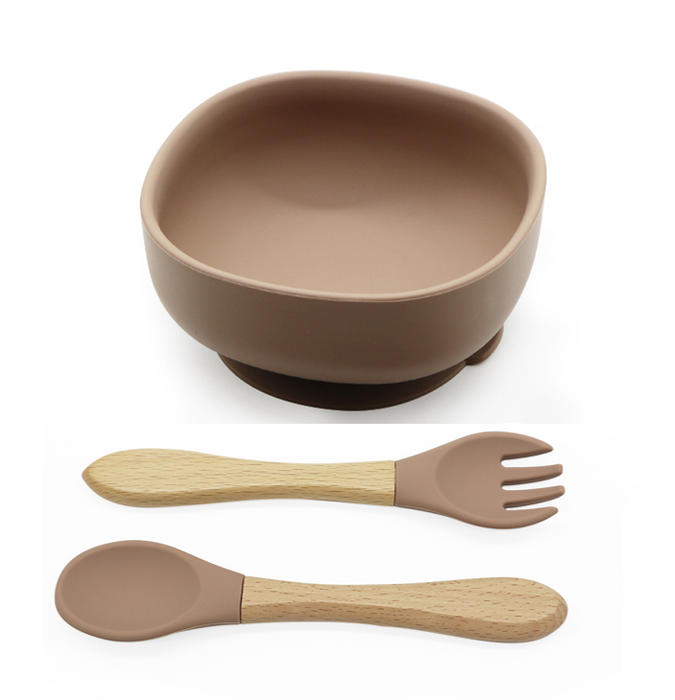Silicone Suction Bowl with Spoon & Fork - Brown