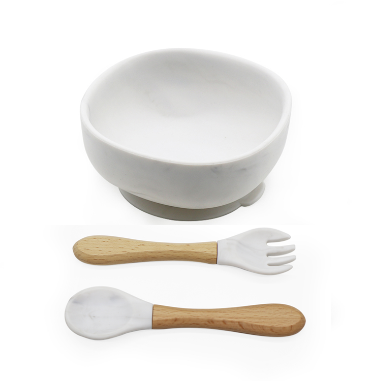 Silicone Suction Bowl with Spoon & Fork - Marble