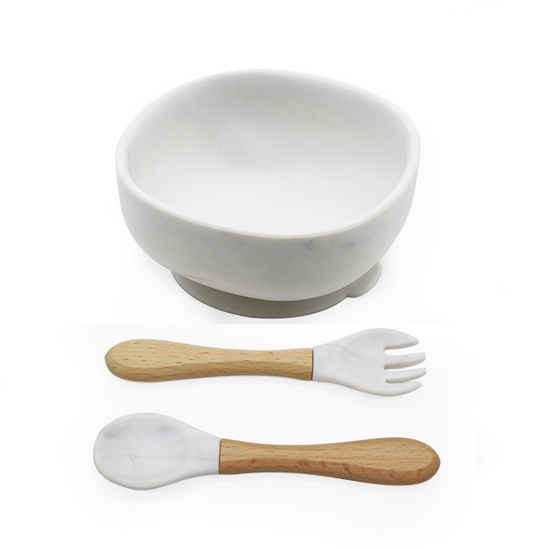 Silicone Suction Bowl with Spoon & Fork - Marble