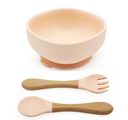 Silicone Suction Bowl with Spoon & Fork - Peach