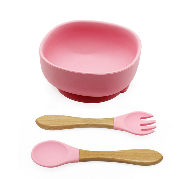 Silicone Suction Bowl with Spoon & Fork - Rose Pink