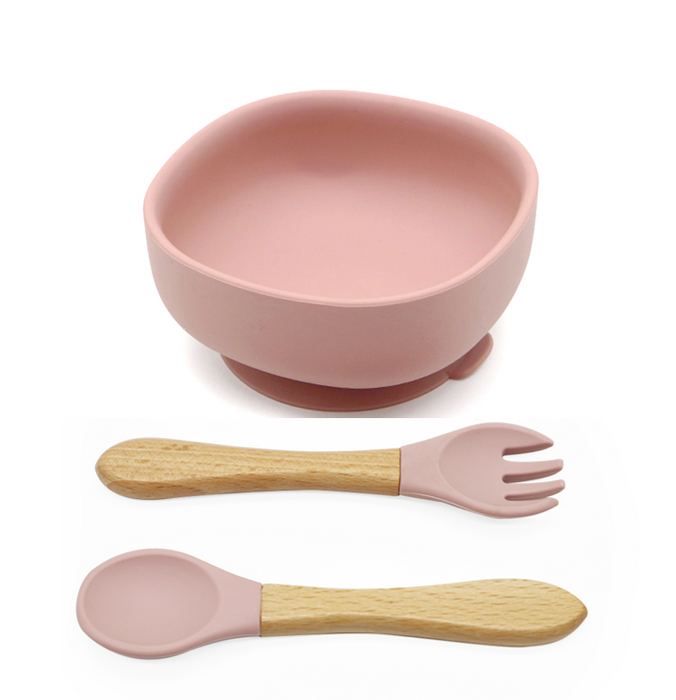Silicone Suction Bowl with Spoon & Fork - Pink