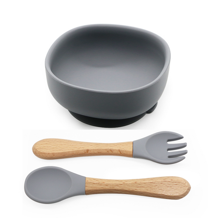 Silicone Suction Bowl with Spoon & Fork - Grey