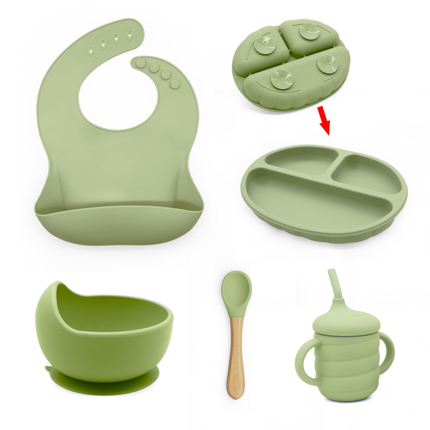 Silicone Suction Feeding Baby Set 6 Pieces- Olive Green