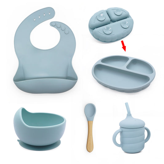 Silicone Suction Feeding Baby Set 6 Pieces- Dusty Blue