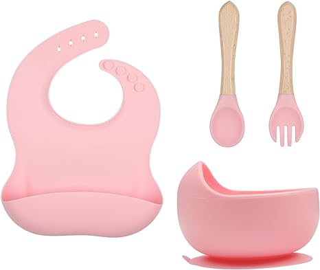 Silicone suction bowl and bib with spoon and Fork - Pink