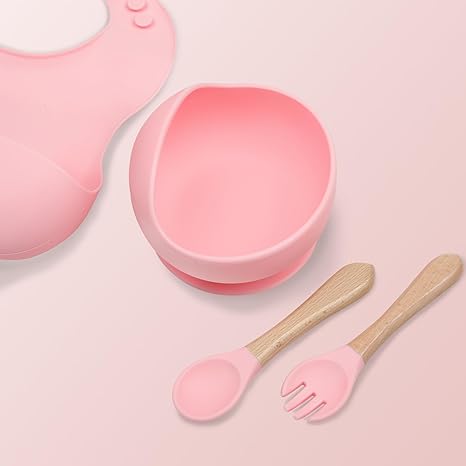 Silicone suction bowl and bib with spoon and Fork - Pink