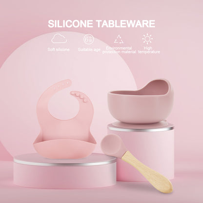 Silicone Suction bowl and bib with spoon and fork - Marble