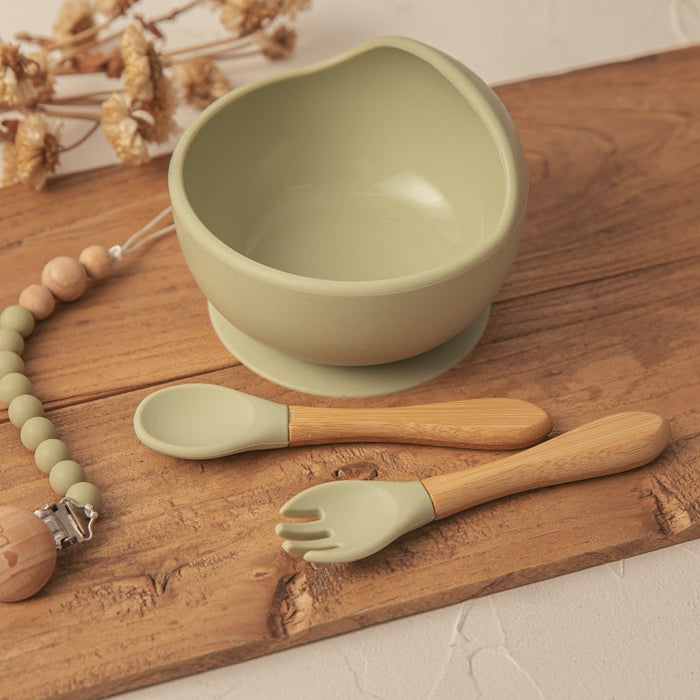 Silicone Suction Bowl with Spoon & Fork - Beige