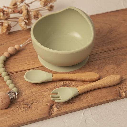 Silicone Suction Bowl with Spoon & Fork - olive