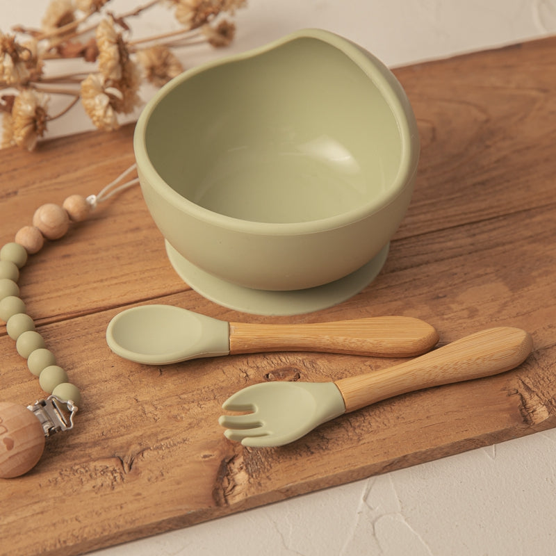 Silicone Suction Bowl with Spoon & Fork - Grey