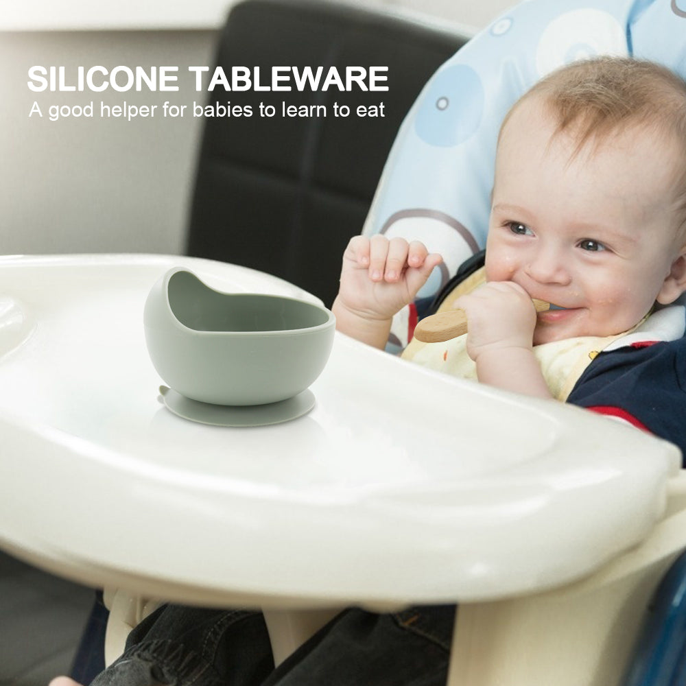 Silicone Suction bowl and bib with spoon and fork - Olive