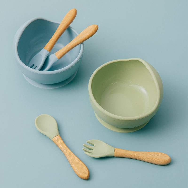 Silicone Suction Bowl with Spoon & Fork - Marble