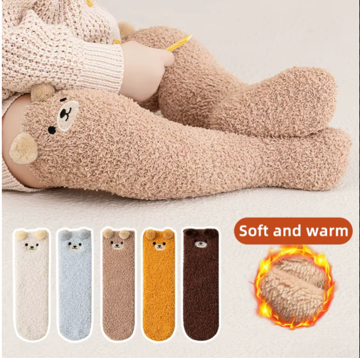 Cartoon Plush Baby Socks Cute Bear Solid Color Thigh High Sock for Infant Winter Thicken Warm Coral Fleece Kids Stockings