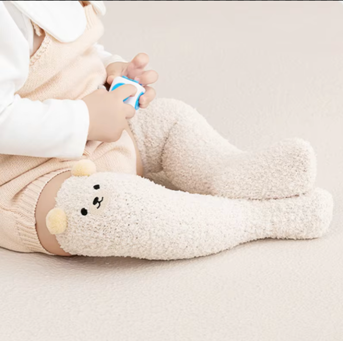 Cartoon Plush Baby Socks Cute Bear Solid Color Thigh High Sock for Infant Winter Thicken Warm Coral Fleece Kids Stockings