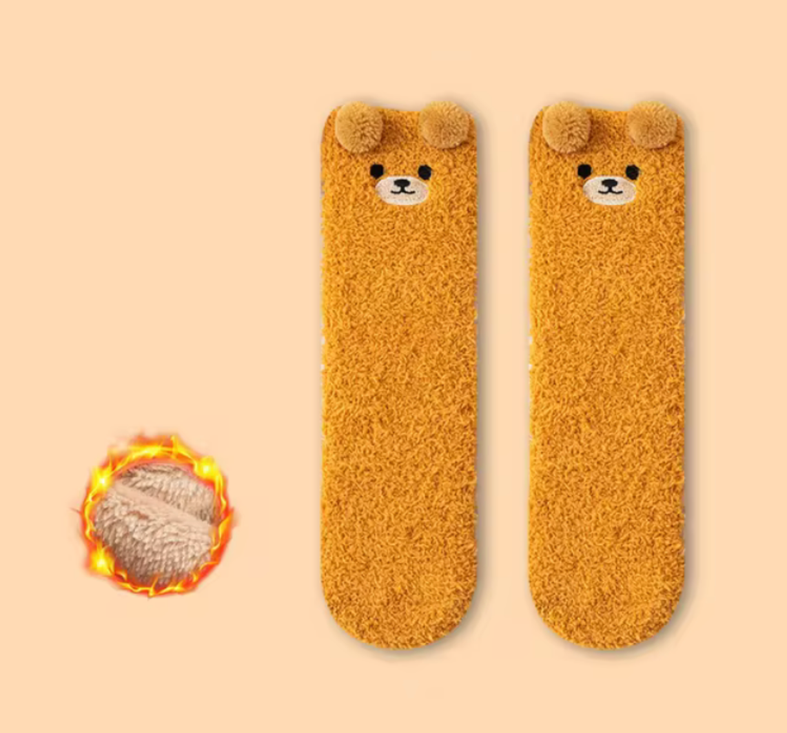 Cartoon Plush Baby Socks Cute Bear Solid Color Thigh High Sock for Infant Winter Thicken Warm Coral Fleece Kids Stockings