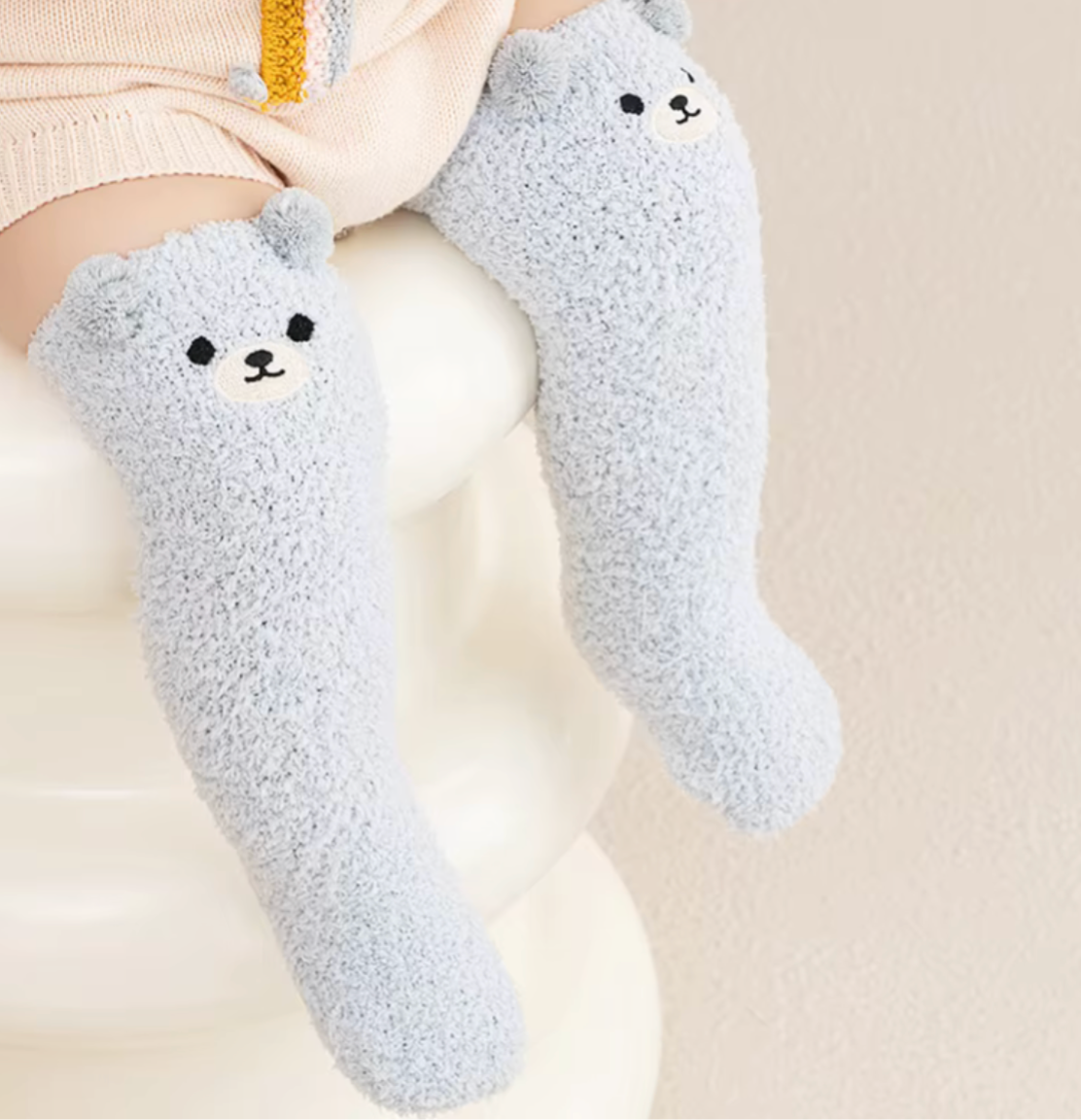 Cartoon Plush Baby Socks Cute Bear Solid Color Thigh High Sock for Infant Winter Thicken Warm Coral Fleece Kids Stockings