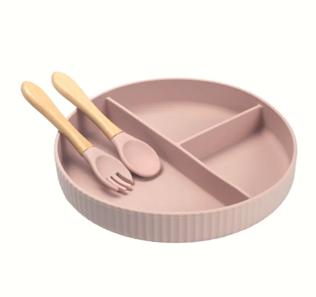 Silicone suction plate with spoon & fork - light pink