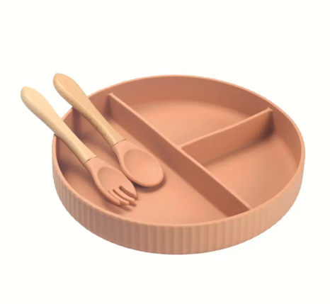 Silicone suction plate with spoon & fork - dark pink