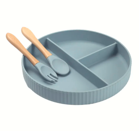 Silicone suction plate with spoon & fork - dusty blue