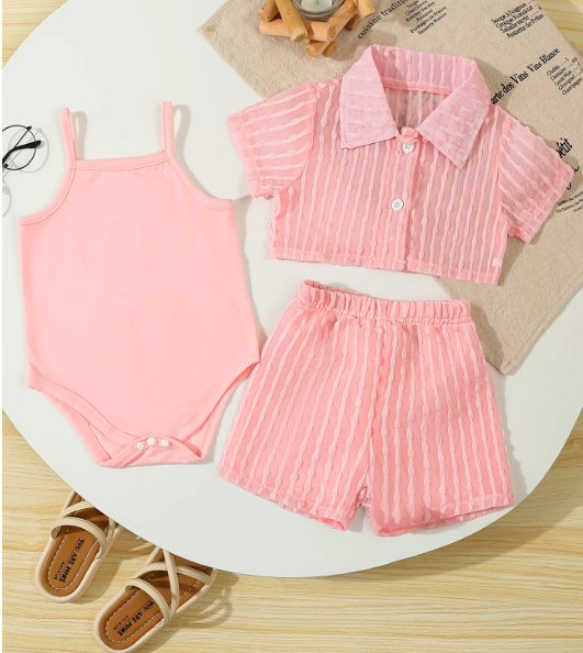 3pcs Girls' Shorts Set with Triangle Romper