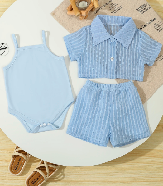 3pcs Girls' Shorts Set with Triangle Romper