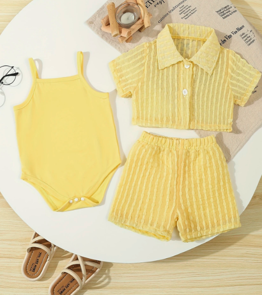 3pcs Girls' Shorts Set with Triangle Romper