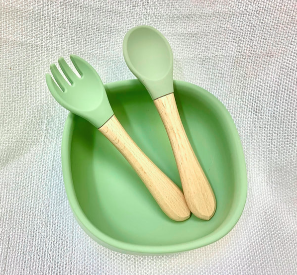 Silicone Suction Bowl with Spoon & Fork - mint green