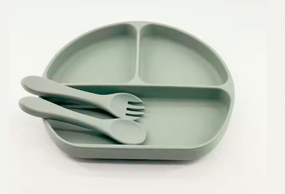 Silicone suction plate with spoon & fork  - green