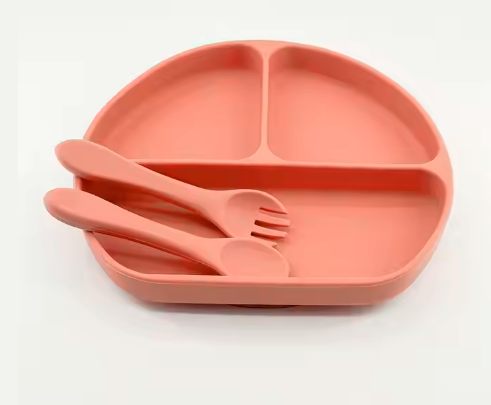 Silicone suction plate with spoon & fork  - pink