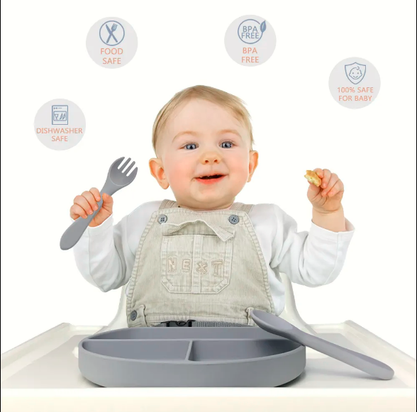 Silicone suction plate with spoon & fork  - yellow