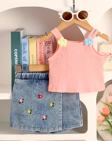 Pink Striped Tank Top and Floral Denim Shorts