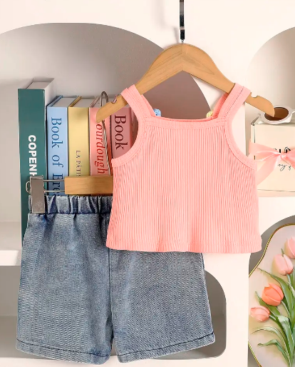 Pink Striped Tank Top and Floral Denim Shorts