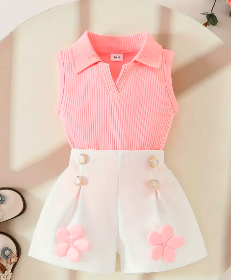 Sleeveless Solid Color Top with a Collar And Floral White Shorts