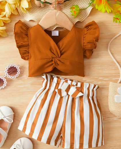 Solid Color Twisted Sleeve Cotton Top with Striped Bow Shorts