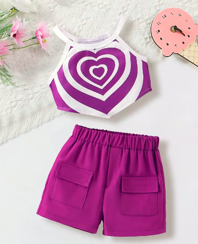 Irregular Heart Print Pasta with Vest and Purple Shorts Set