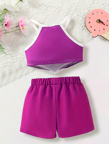 Irregular Heart Print Pasta with Vest and Purple Shorts Set